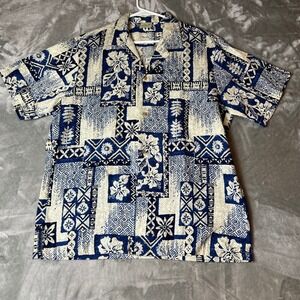 Jade Fashions Hawaiian Patchwork Floral Aloha Shirt Men's Large Blue White